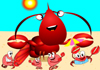 A lobster walks along the beach with several small crabs running around him.