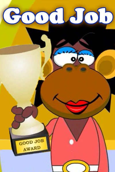A monkey holds a 'Good Job Award' trophy. 