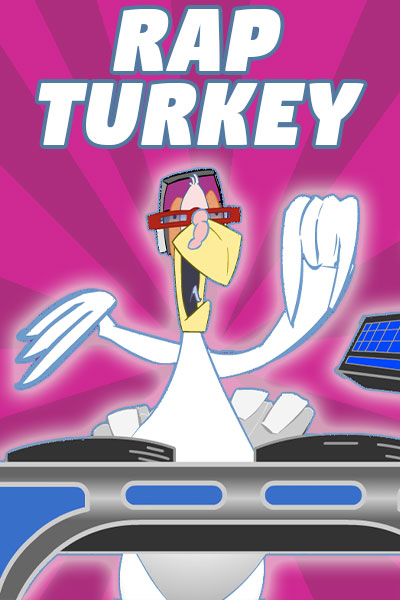 A turkey in a DJ booth. He is pressing buttons, and there are flashing lights all around him.