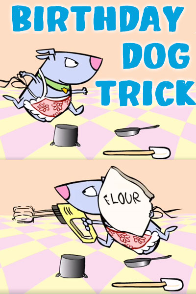 In this birthday card for dog lovers, a dog is frantically preparing a birthday cake. On the top section of the thumbnail, the dog is running to the right, wearing a flowered pink apron, and leaping over pots and pans that have fallen on the floor. The bottom panel has the same dog, rushing to the left with a bag of flour, and a power mixer in his hands. The ecard title Birthday Dog Trick is written above him.
