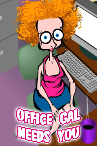 An office worker sitting at her desk. She's wearing a pink shirt, thick-rimmed glasses, and has a frizzy mop of red hair.