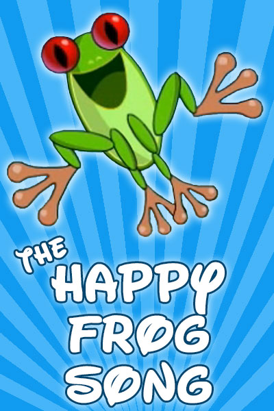 A green frog jumps with a joyful look on its face.