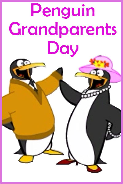 A penguin grandfatehr wearing a yellow cardigan, and a grandmother penguin wearing pearls and a sun hat wave cheerfully at the viewer.