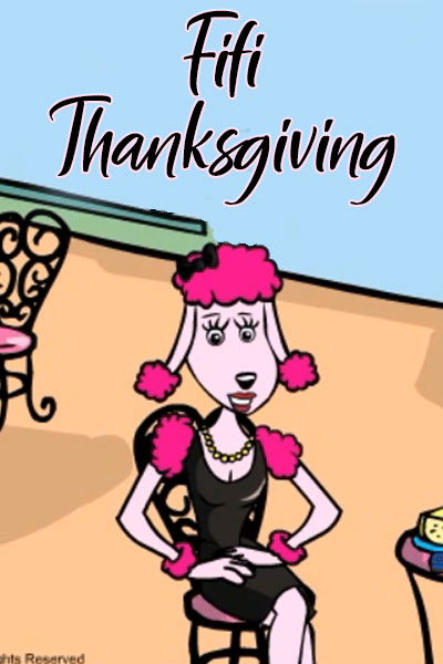 A pink poodle in a black dress sits in a cafe.
