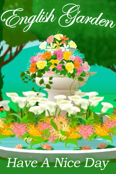 A beautiful fountain is situated in a clearing in the forest. It's full of colorful flowers, and ivy.