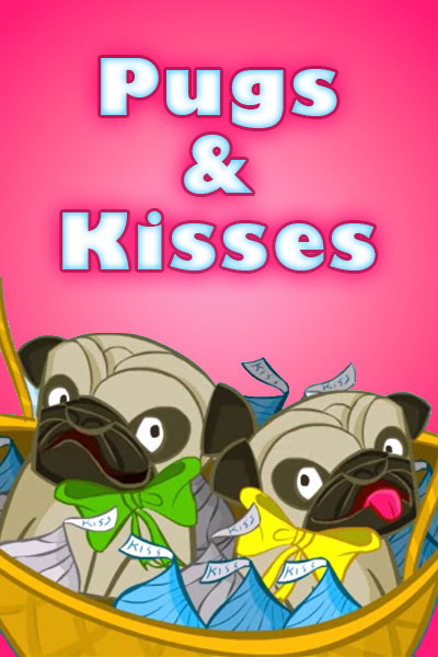 Two pug puppies with bows around their necks sit in a basket surrounded by chocolate candy kisses.