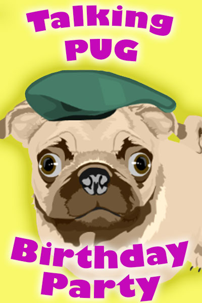 A pug wearing a beret, with presents and colorful balloons behind the doggie.