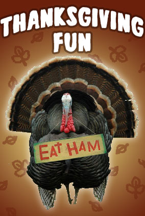 A turkey has a sign around its neck with 'Eat Ham' written on it.