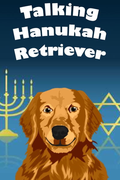 A golden retriever smiles at the viewer. There is a Star of David, and a menorah in the background.