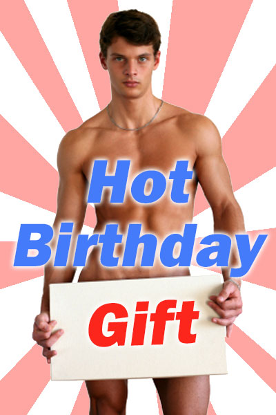 In this sexy birthday ecard, a muscular, dark-haired man, with no clothes on, holds a sign over his groin. The ecard title Hot Birthday Gift is written in the foreground. The word ‘Gift’ is written on the sign he is holding.