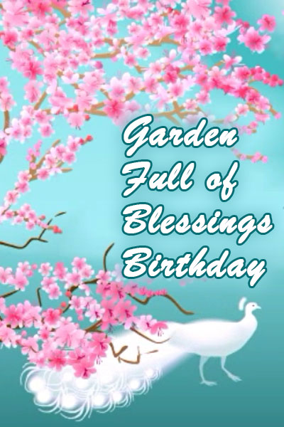 A sentimental birthday ecard, featuring a beautiful white peacock walking among the branches of a blooming cherry tree full of pink sakura blossoms.