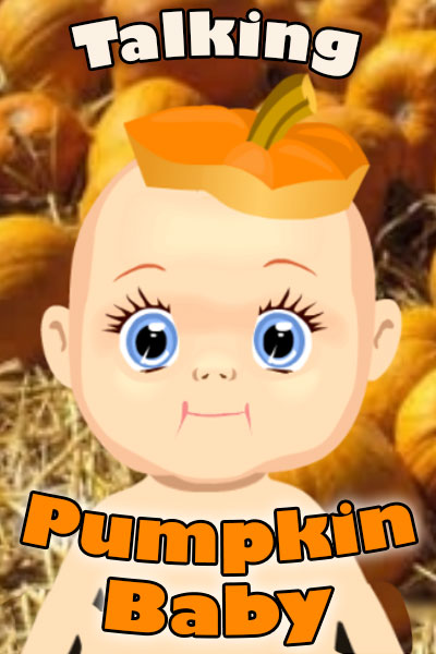 A baby looks at the viewer. The top of a pumpkin is resting on the baby's head, and there are pumpkins in the background.