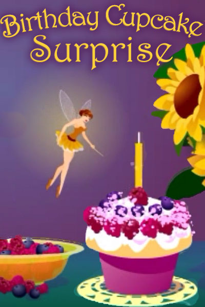 A tiny, softly glowing fairy flies above a beautifully decorated cupcake with a single candle in it, and a bowl of berries. The title of this beautiful birthday ecard Birthday Cupcake Surprise is above her.