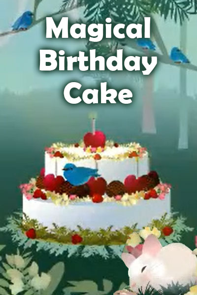 A beautiful birthday ecard showing a birthday cake, beautifully decorated with strawberries and flowers. A bluebird perches on one tier, and a small field mouse sleeps at its base.
