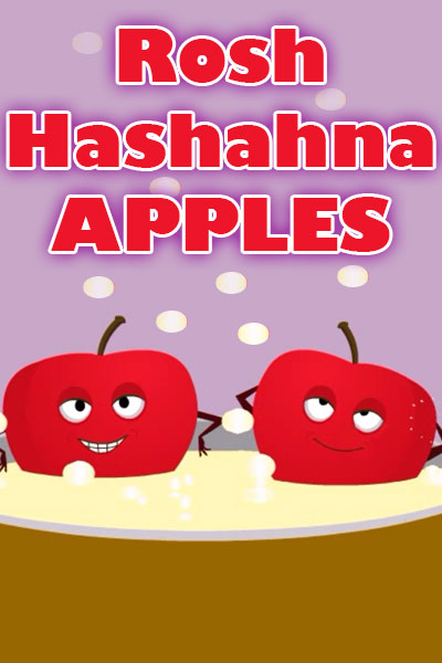 To apples recline in a 'hot tub,' which is really just a bowl of warmed honey The bowl is sitting on a table amid other Rosh Hashana foods.