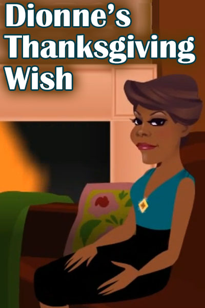 An animated Dionne Warwick sits on a sofa, and looks at the viewer.