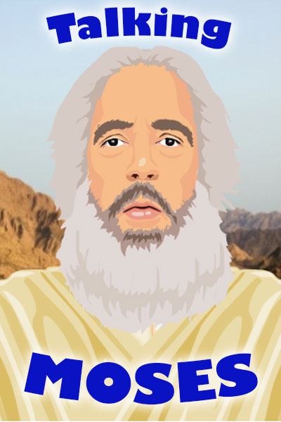 An illustrated Moses with a mountain range behind him.