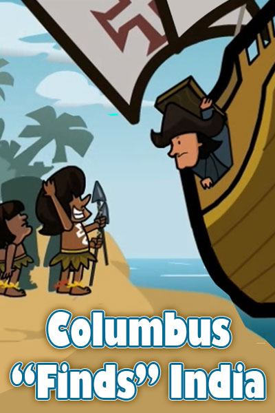 Columbus leans out of a ship to ask directions from some islanders.