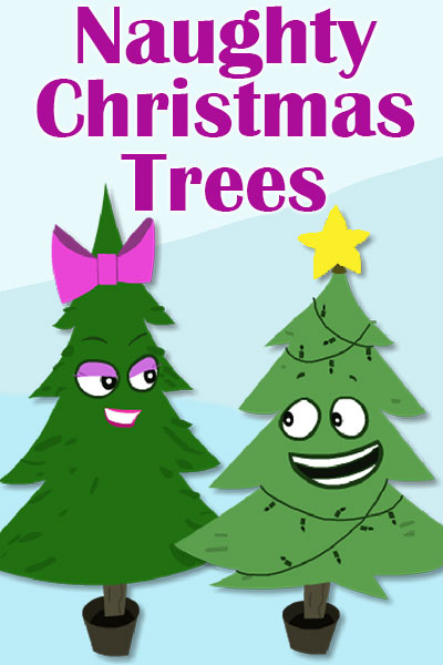 Two cartoon Christmas trees with faces. The darker green tree on the left has a purple bow around the top of the tree. It’s wearing purple eyeshadow, and red lipstick. It’s giving the tree on the right a flirty look. The light green tree on the right has an excited look on its face. Naughty Christmas Trees is written above them.