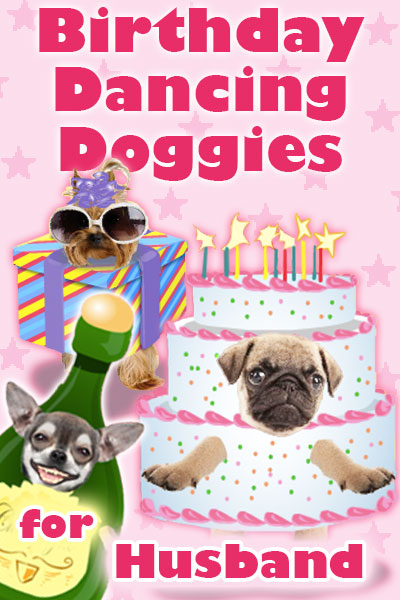 Photographs of the faces of three dogs are dressed as fun, cartoon party items. A chihuahua is dressed as a bottle of champagne, a pug is dressed as a pink and white birthday cake, and a Yorkie is wearing sunglasses and a party hat, and is dressed as a present. Birthday Dancing Doggies For Husband is written in the foreground.