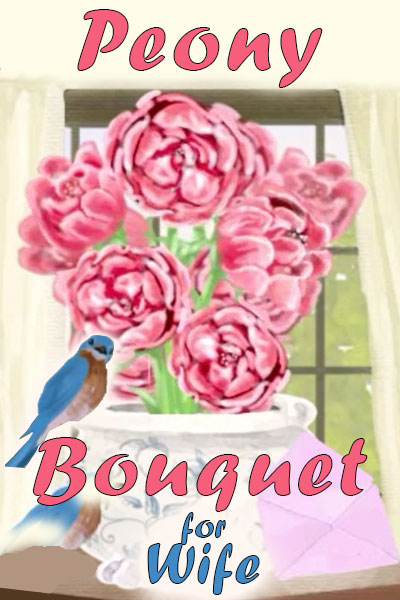 This traditional birthday card features a bouquet of peonies in a vase. There is a cheerful little bluebird sitting on the rim of the vase.