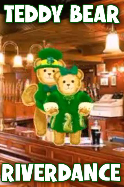 Two old-fashioned teddy bears dance on the bar in a tavern. One is wearing a green suit jacket, and the other is wearing a green dress. They are smiling cheerfully at the viewer.