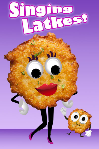 A mother latke and her child sing on a stage.
