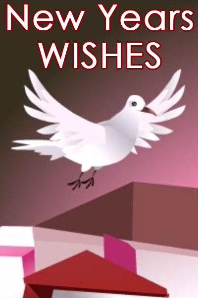 A white dove flies out of an open gift box to bring peace for the New Year. The ecard title New Years Wishes is written above it.