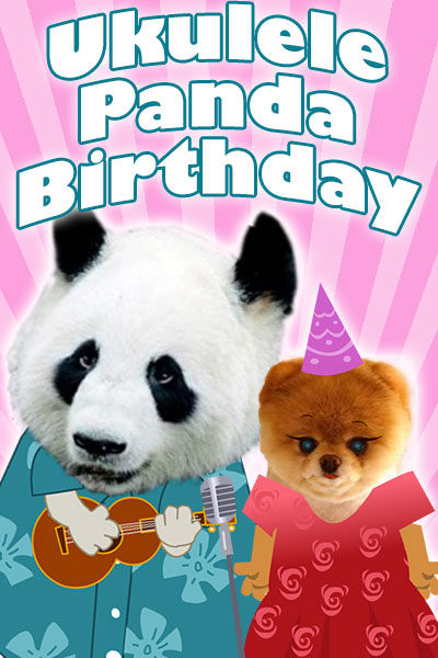 A a panda bear in a Hawaiian shirt strums a ukulele. A Pomeranian dog in a flower dress and party hat dances next to the panda. The name of this character birthday card is written in the foreground.