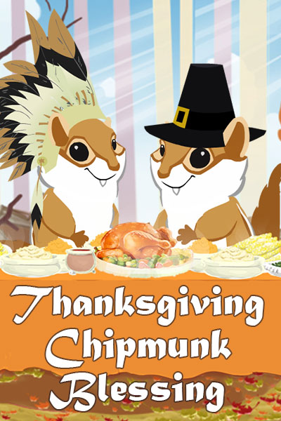 A pair of chipmunks dressed as a pilgrim and Native American share a turkey during Thanksgiving dinner.