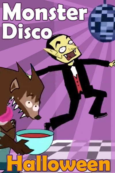A dance floor with a disco ball overhead. A wolf-man and Dracula are dancing.