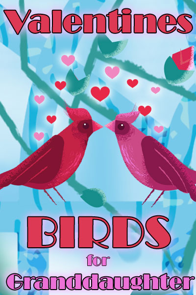 Two birds - one red, and one pink - gaze lovingly into each other's eyes. Little hearts dot the air above them.