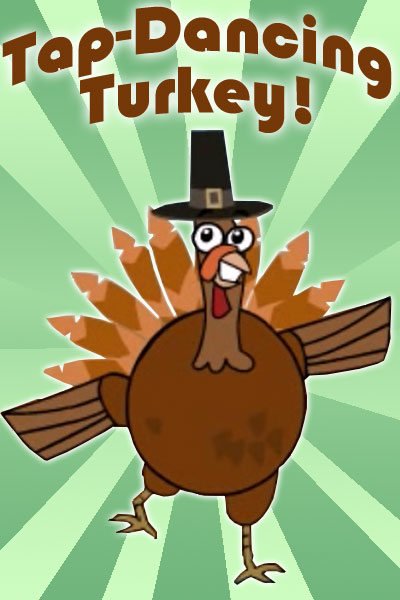 A dancing turkey wearing a pilgrim hat.