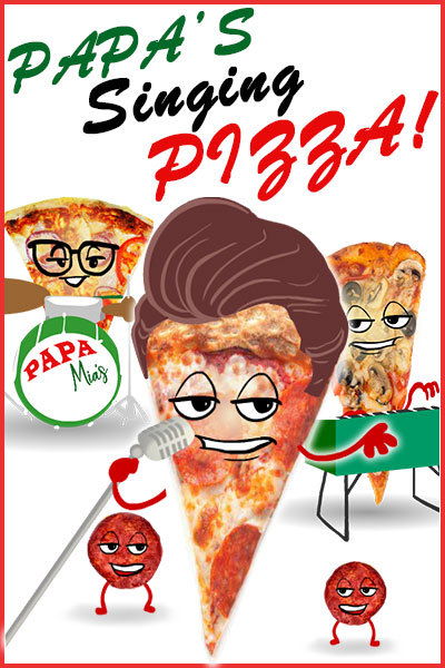 A band consisting of three pizza slice performers and their pepperoni backup singers make up the preview image for this fun Father's Day ecard.