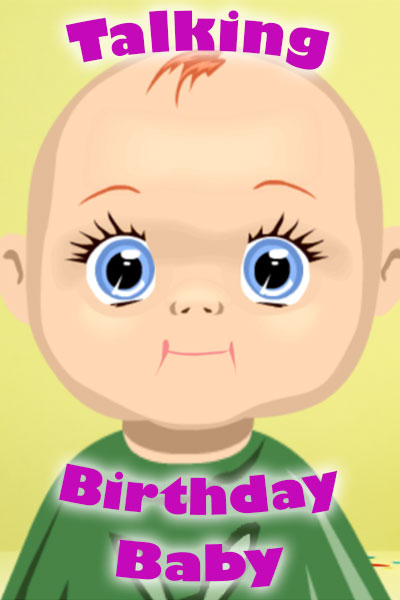 An adorable, wide-eyed infant, with the ecard title Talking Birthday Baby written around it.