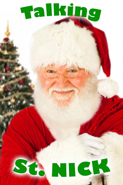 A happy Santa Claus with a Christmas tree in the background. The words Talking Santa are written in the foreground.