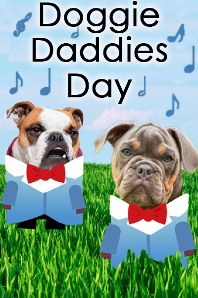 A cute Fathers Day ecard, its thumbnail image shows two bulldogs wearing suits with bow ties, and standing in the grass.